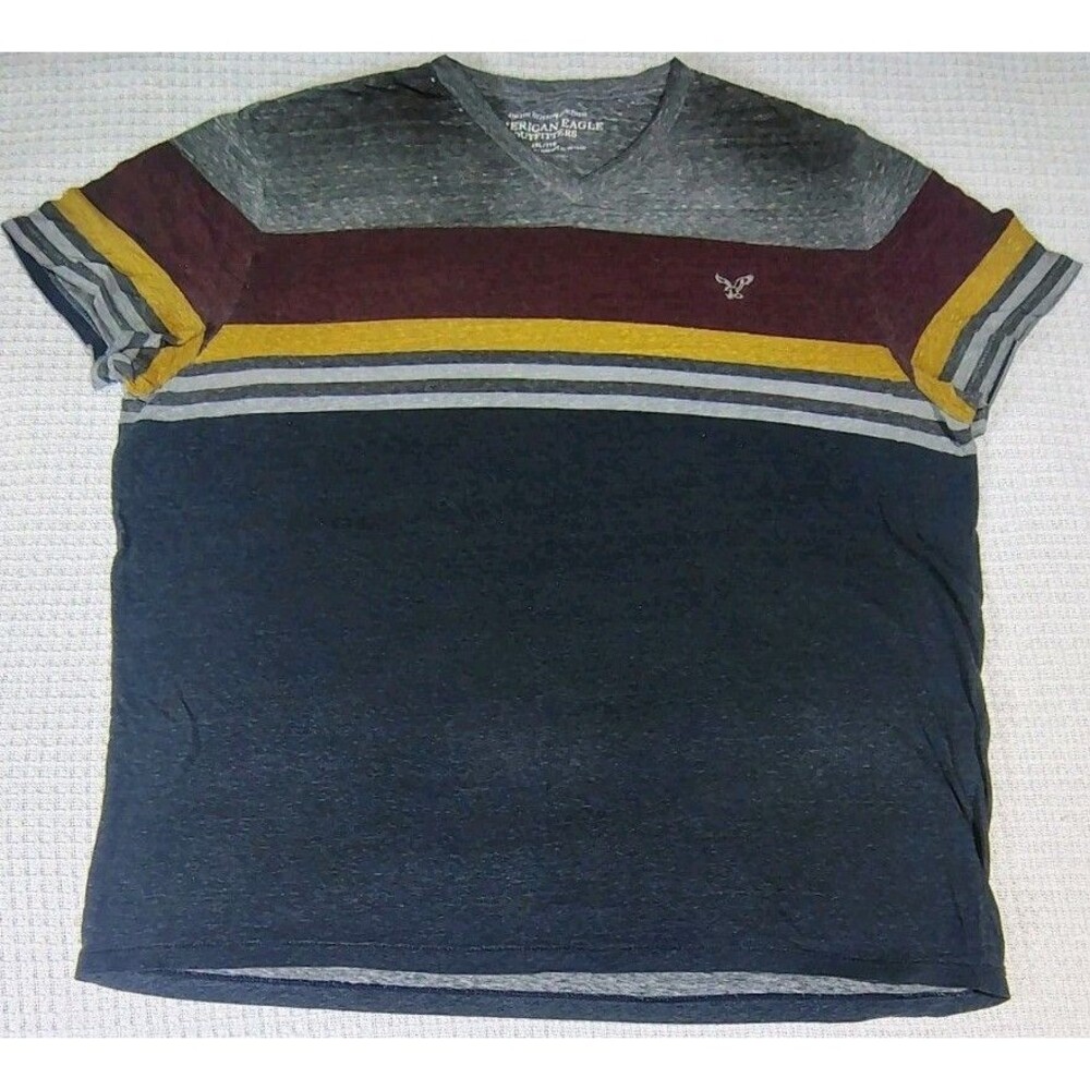 American Eagle Tee XXL Navy Maroon Grey Yellow Stripes Athletic Fit Y2K Preppy